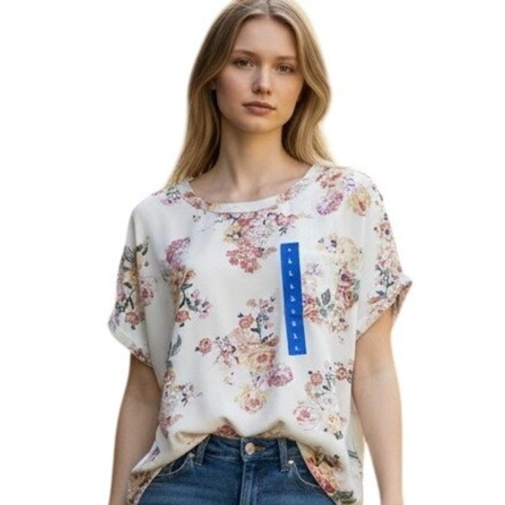 Buffalo David Bitton Floral Woven Blouse Womens L Ivory Blossom Keyhole New